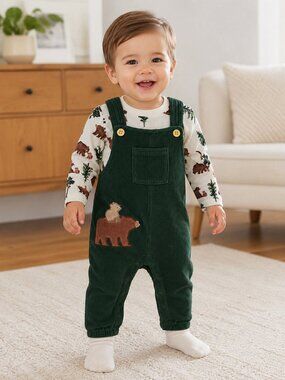 NWT Baby Essentials 2 Piece Bear Jon Jon Romper Outfit Woodland Green